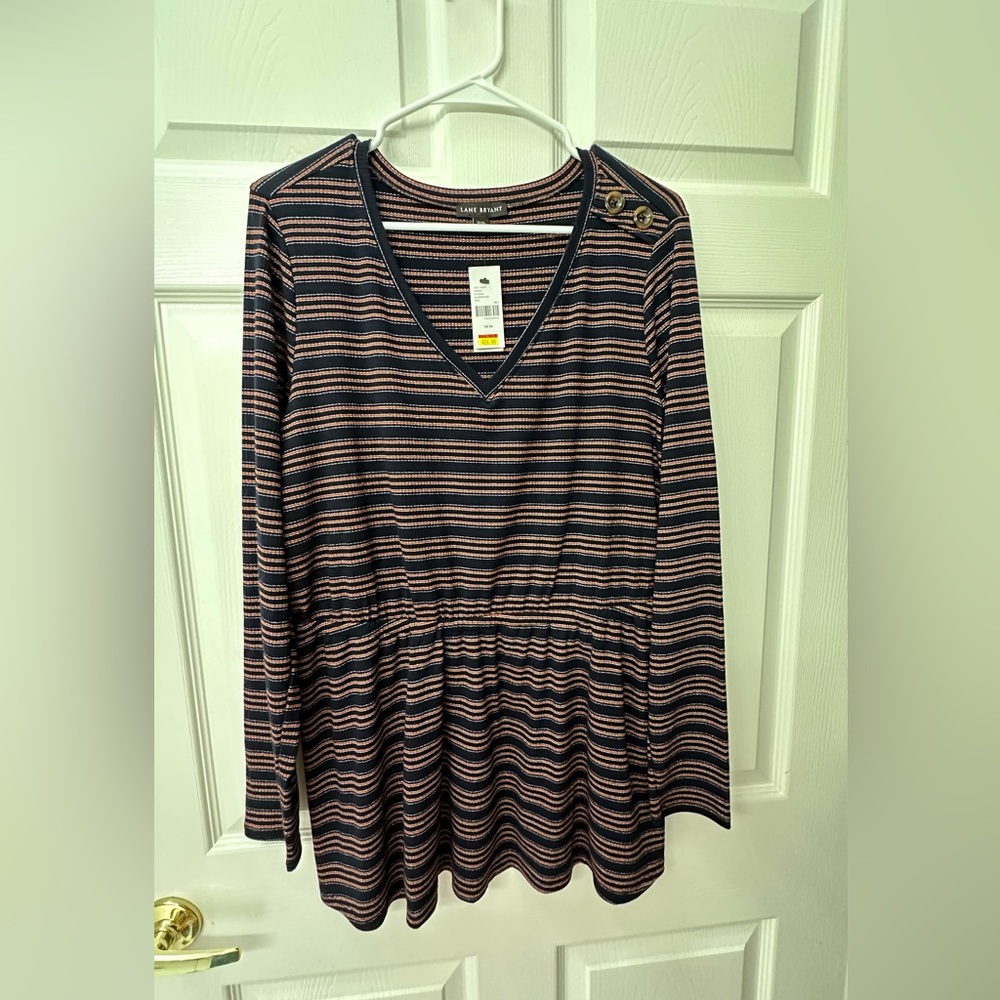 Lane Bryant Navy Blue Striped Peplum Hem Lightweight Ribbed Sweater 14/16 NWT